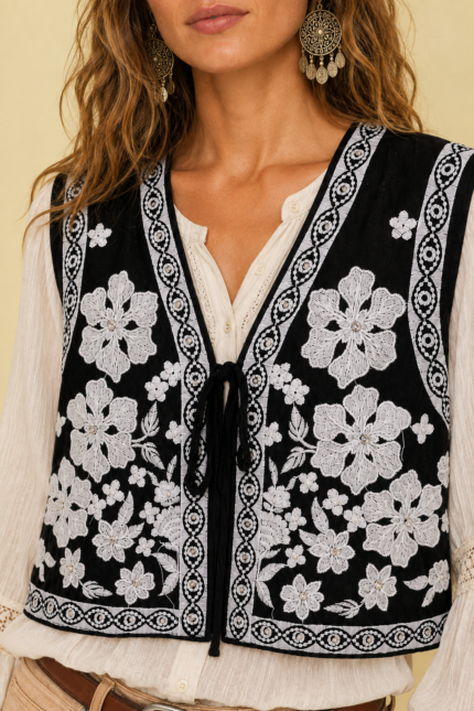 Chaleco Bordado Flora boho chic bordado floral brillante La Gata Voladora Alpujarra Almeria