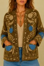 Chaqueta Bordada Yasmin pana boho chic bohemia bolsillos bordados azules La Gata Voladora Alpujarra Almeria