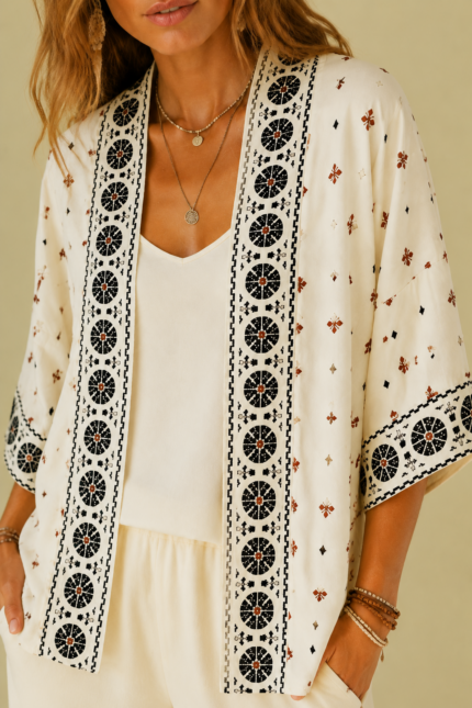 Chaqueta Tipo Kimono Mandala crudo estilo boho chic La Gata Voladora Alpujarra Almeria