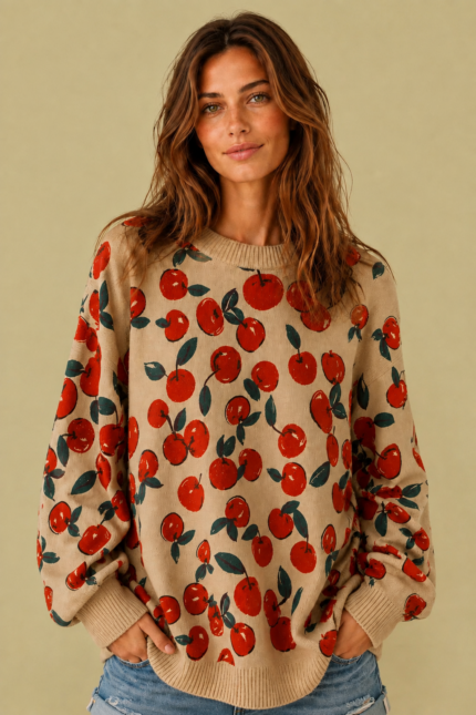 Jersey Boho Cherry beige estampado cerezas rojas manga larga La Gata Voladora Alpujarra Almeria