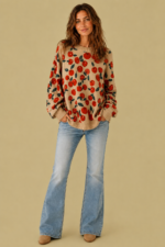 Jersey beige Boho Cherry – jersey bohemio con cerezas rojas - La Gata Voladora
