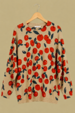 Jersey mujer Boho Cherry beige punto suave estampado cerezas La Gata Voladora Alpujarra Almeria