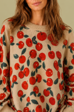 Jersey mujer Boho Cherry beige punto suave estampado cerezas La Gata Voladora Alpujarra Almeria