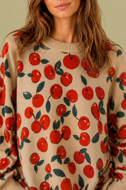 Jersey mujer Boho Cherry beige punto suave estampado cerezas La Gata Voladora Alpujarra Almeria