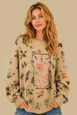 Jersey de punto Cute Cat beige estampado gato manga larga La Gata Voladora Alpujarra Almeria