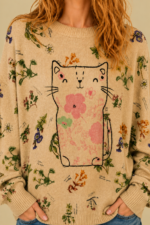 Jersey de punto Cute Cat beige estampado gato manga larga La Gata Voladora Alpujarra Almeria