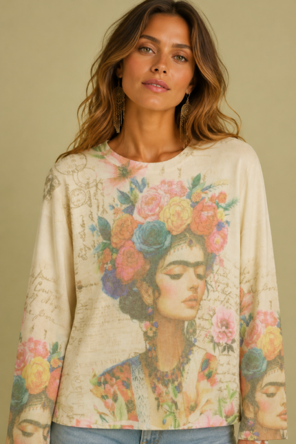 Jersey Frida sueter crudo estampado Frida Kahlo boho La Gata Voladora Alpujarra Almería