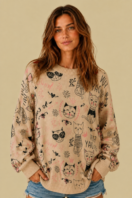 Jersey Funny Cats beige estampado gato jersey punto La Gata Voladora Alpujarra Almeria