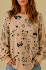 Jersey Funny Cats beige gato estampado jersey punto boho La Gata Voladora Alpujarra Almeria