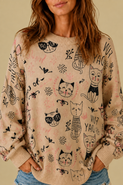 Jersey Funny Cats beige gato estampado jersey punto boho La Gata Voladora Alpujarra Almeria
