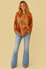 Jersey boho beige con hojas cálidas – moda bohemia natural y otoñal - La Gata Voladora