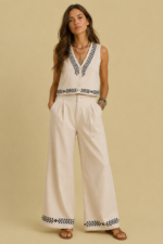 Pantalon Palazzo Espiga Natural algodon crudo bordados negros estilo boho La Gata Voladora Alpujarra Almeria