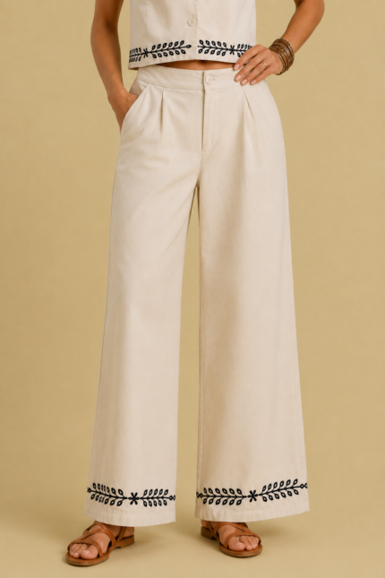 Pantalon Palazzo Espiga Natural algodon crudo bordados negros estilo bohemio La Gata Voladora Alpujarra Almeria