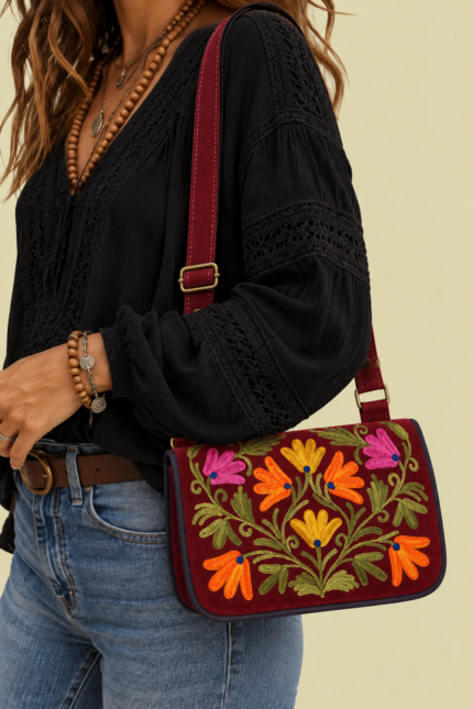 Bandolera de Piel Bordado Floral burdeos bolso boho piel gamuza bordado floral La Gata Voladora Alpujarra Almeria