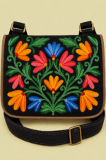 Bandolera de Piel Bordado Floral gris bolso boho chic artesanal La Gata Voladora Alpujarra Almeria