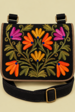 Bandolera de Piel Bordado Floral gris claro bolso boho chic artesanal La Gata Voladora Alpujarra Almeria
