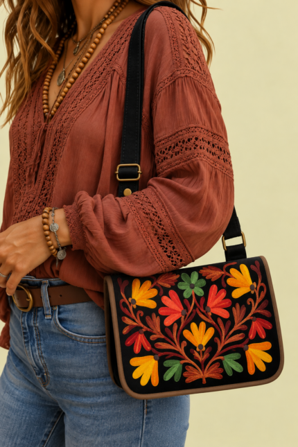 Bandolera de Piel Bordado Floral negro bolso boho piel gamuza bordado floral La Gata Voladora Alpujarra Almeria