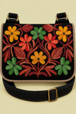 Bandolera de Piel Bordado Floral negro bolso boho chic artesanal La Gata Voladora Alpujarra Almeria