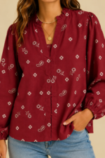 Blusa Bordada Flor de Algodón burdeos camisa boho chic bordada La Gata Voladora Alpujarra Almeria
