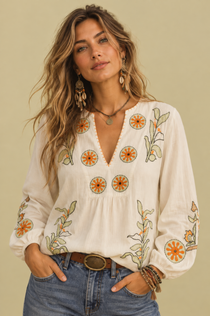 Blusa Bordada Salvia crudo bordado boho chic La Gata Voladora Laujar de Andarax Almeria
