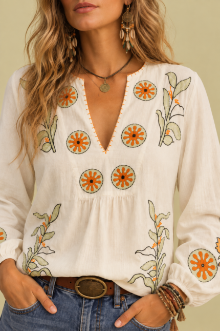 Blusa Bordada Salvia crudo manga larga estilo bohemio La Gata Voladora Laujar de Andarax Almeria