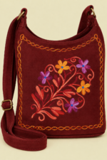Bolso de Piel Bordado Floral burdeos gamuza Boho Chic La Gata Voladora Alpujarra Almeria