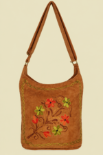 Bolso de Piel Bordado Floral camel gamuza bohemio La Gata Voladora Alpujarra Almeria