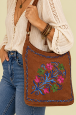 Bolso de Piel Bordado Floral marron chocolate gamuza boho La Gata Voladora Alpujarra Almeria