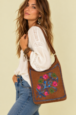Bolso de Piel Bordado Floral marron chocolate gamuza natural La Gata Voladora Alpujarra Almeria