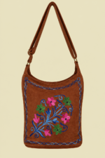Bolso de Piel Bordado Floral marron chocolate gamuza bohemio La Gata Voladora Alpujarra Almeria
