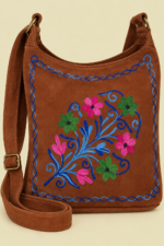 Bolso de Piel Bordado Floral marron chocolate gamuza Boho Chic La Gata Voladora Alpujarra Almeria