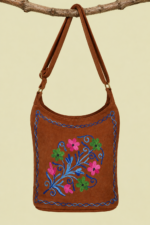 Bolso de Piel Bordado Floral Marron Chocolate boho chic La Gata Voladora Laujar de Andarax Almeria
