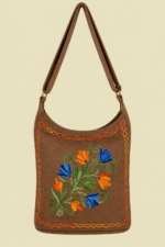 Bolso de Piel Bordado Floral marron claro gamuza bohemio La Gata Voladora Alpujarra Almeria
