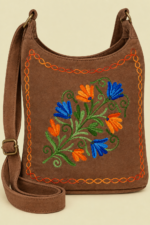Bolso de Piel Bordado Floral marron claro gamuza Boho Chic La Gata Voladora Alpujarra Almeria