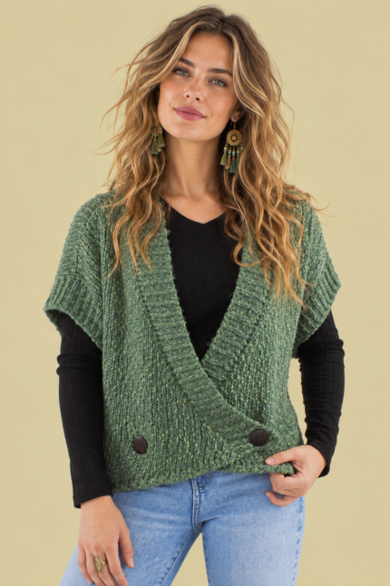 Chaleco Punto Cruzado Maeve verde punto suave boho Coline La Gata Voladora Alpujarra Almeria