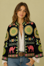 Chaqueta Bordada Camel azul marino pana bordada boho chic La Gata Voladora Alpujarra Almeria