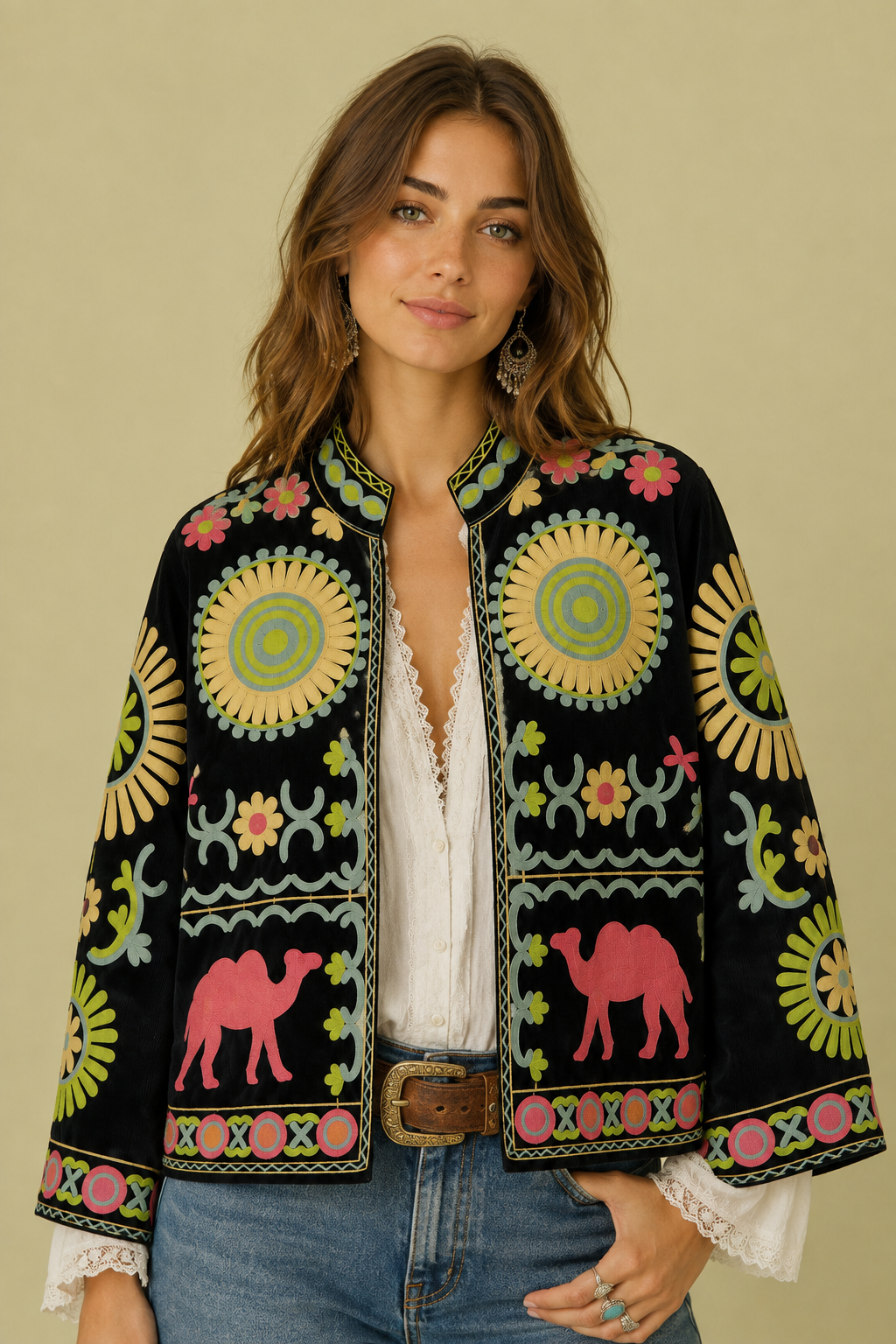 Chaqueta Bordada Camel Azul Marino (1) Chaqueta Bordada Camel azul marino pana bordada boho chic La Gata Voladora Alpujarra Almeria