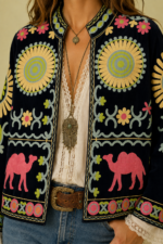 Chaqueta Bordada Camel azul marino bordados estilo bohemio La Gata Voladora Alpujarra Almeria