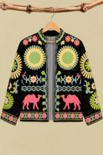Chaqueta Bordada Camel azul marino pana bordada boho chic La Gata Voladora Alpujarra Almeria