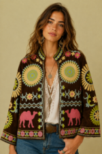 Chaqueta Bordada Camel marron chocolate pana bordada boho chic La Gata Voladora Alpujarra Almeria