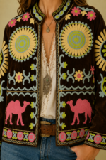 Chaqueta Bordada Camel marron chocolate bordados estilo bohemio La Gata Voladora Alpujarra Almeria