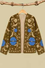 Chaqueta Bordada Yasmín marrón claro pana bordada azul boho chic La Gata Voladora Alpujarra Almeria