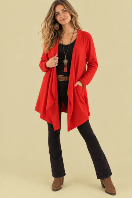 Chaqueta Asimétrica Coline rojo entretiempo boho chic La Gata Voladora Alpujarra Almería