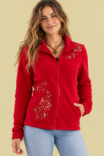 Chaqueta Forro Polar Astral rojo bordados florales La Gata Voladora Alpujarra Almeria