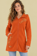 Chaqueta Forro Polar Flora naranja cazadora polar con capucha boho La Gata Voladora Laujar de Andarax