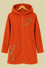 Chaqueta Forro Polar Flora naranja cazadora bordada con capucha Boho Chic La Gata Voladora Laujar de Andarax