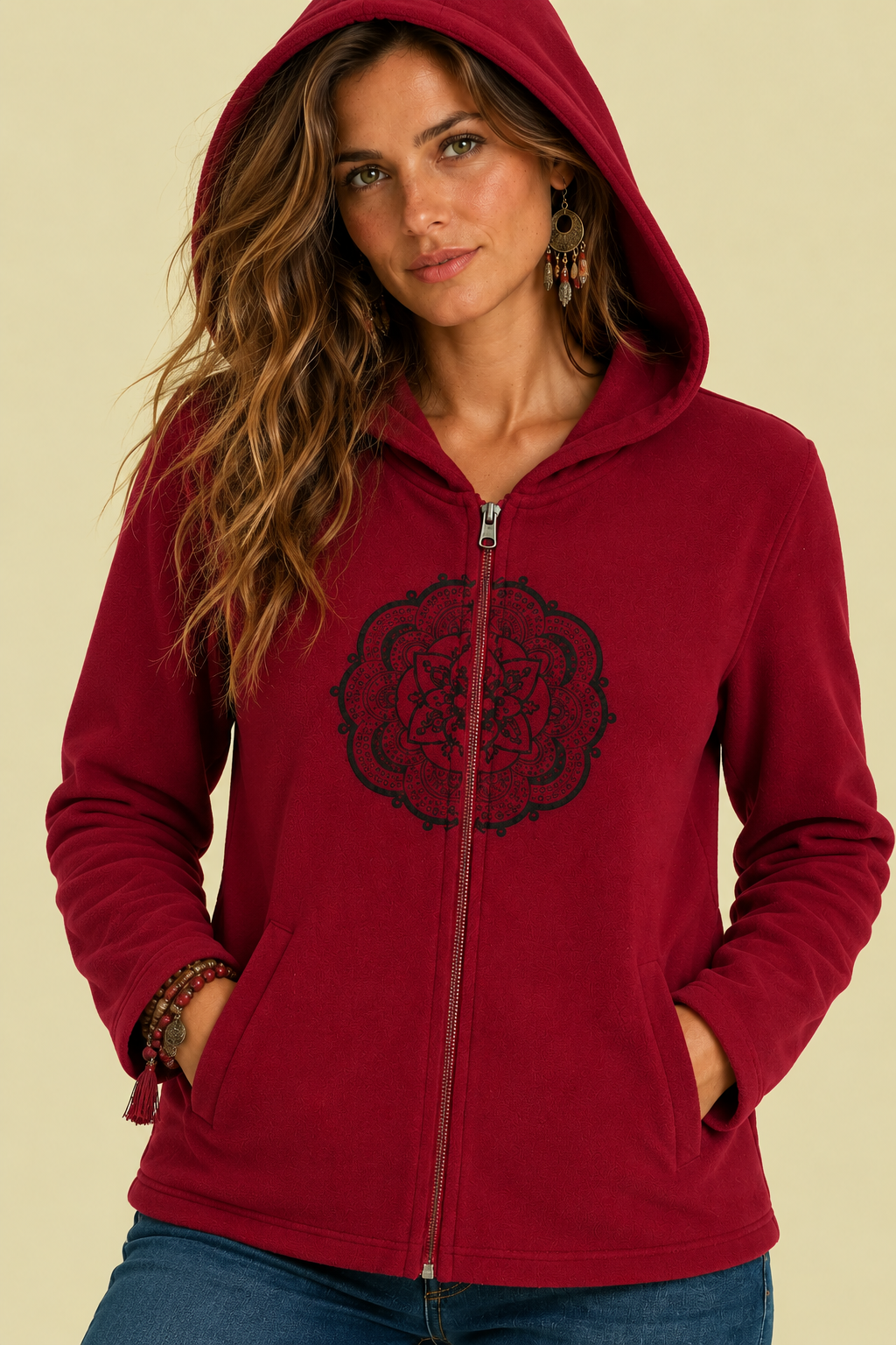 Chaqueta Forro Polar Mandala Burdeos (3) Chaqueta Forro Polar Mandala burdeos forro polar boho La Gata Voladora Alpujarra Almeria