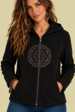 Chaqueta Forro Polar Mandala negro capucha bordado mandala La Gata Voladora Alpujarra Almeria