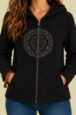 Chaqueta Forro Polar Mandala negro sudadera bordada La Gata Voladora Alpujarra Almeria