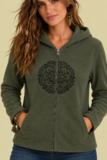 Chaqueta Forro Polar Mandala verde caqui capucha bordado mandala La Gata Voladora Alpujarra Almeria